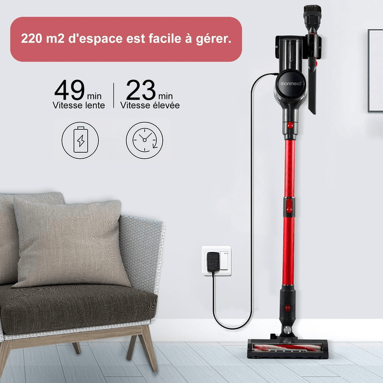 Cordless Vacuum Cleaner, 1L 16Kpa 49Mins Vacuum Cleaners for Home, 4 in 1 Lightweight Powerful Stick Vacuum, with LED Display, for Hardwood Floor Carpet Car Pet - Black/Red 3