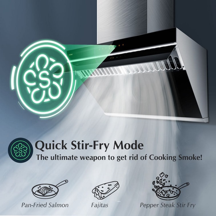 Slant Vent Series JQG7505 30" 1000 CFM Under Cabinet or Wall Mount Range Hood with 2 LED lights and Touchscreen 9