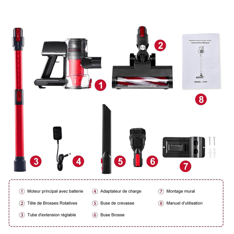 Cordless Vacuum Cleaner, 1L 16Kpa 49Mins Vacuum Cleaners for Home, 4 in 1 Lightweight Powerful Stick Vacuum, with LED Display, for Hardwood Floor Carpet Car Pet - Black/Red 2