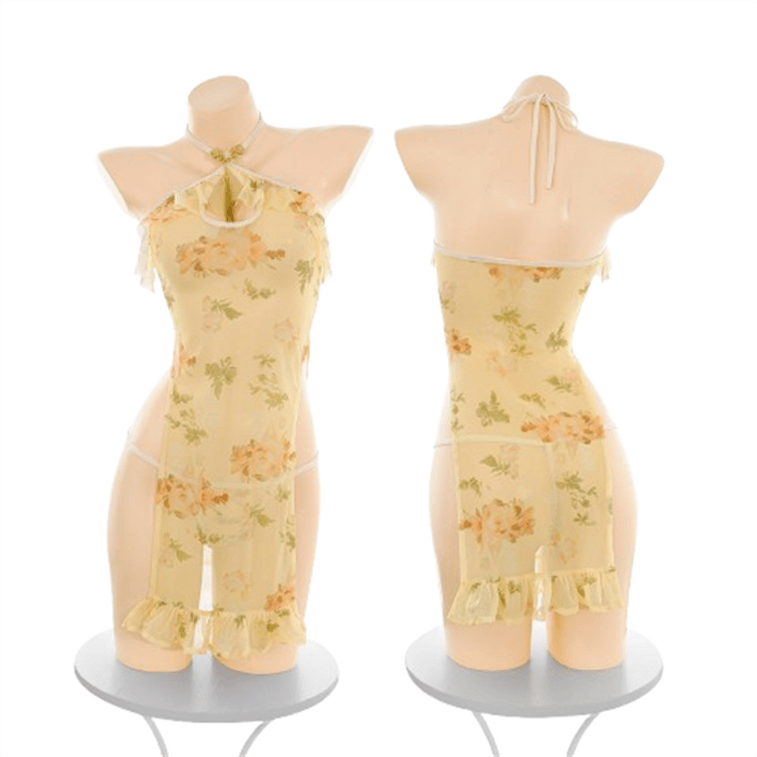 Elegant Floral See Through Lingerie Revealing Cheongsam Sexy And
