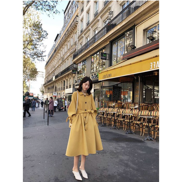 2019 Fall/winter Hepburn Style Wool Coat Yellow/S