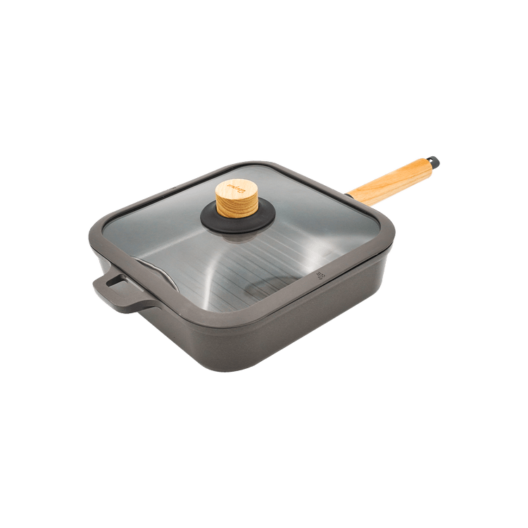  Dr.HOWS Bosque Nonstick Square Grill Pan 10 inch with Lid -  Grilling, Frying, Sauteing Meats, Fish, Vegetables Heavy-Duty Cooking -  Oakwood Handle, All Stoves and Induction: Home & Kitchen
