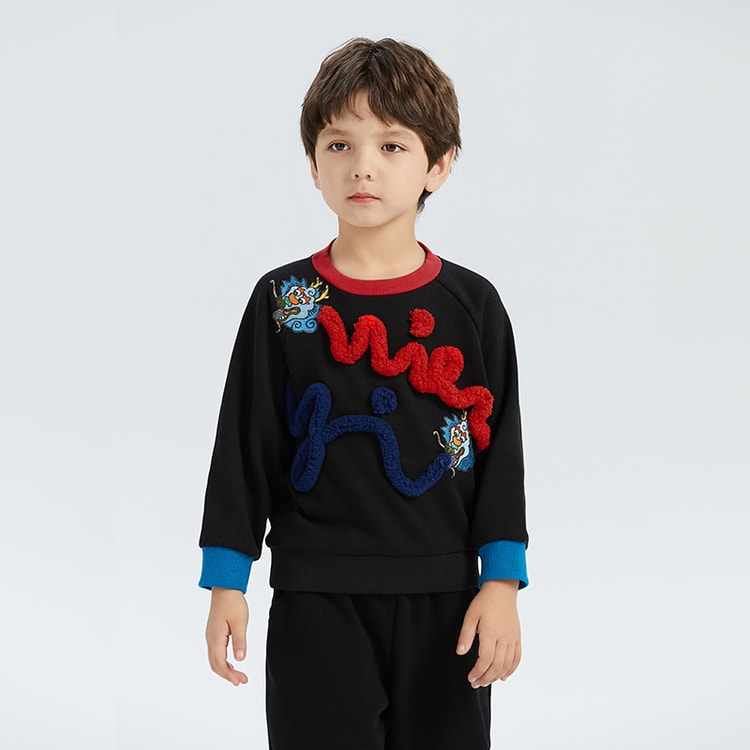 One Stroke Drawing Dragon Embroidery Color Contrast Sweatshirt For Kids Jet  Black 110CM