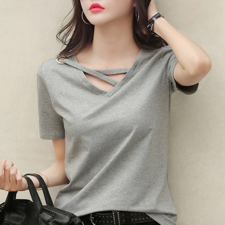 PC/タブレット ノートPC New summer white t-shirt female V-neck loose Korean version black top  casual ins t-shirt trend