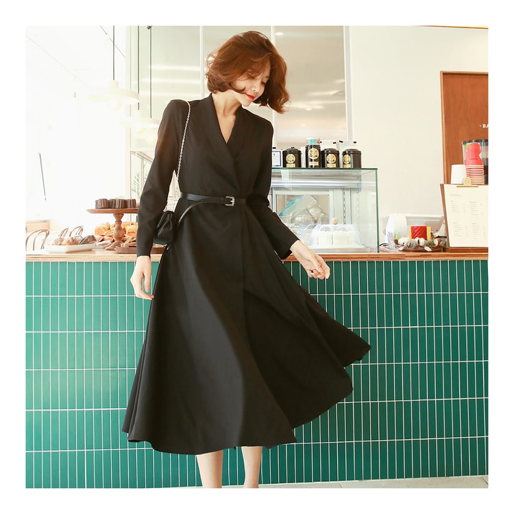 WINGS Shawl Collar Belted Wrap Dress #Black M(38)