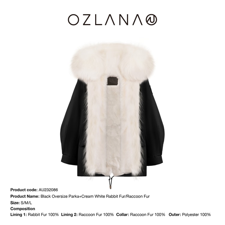 Black Oversized Parka+Cream White Rabbit Fur/Raccoon Fur S