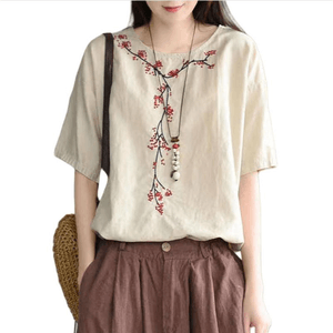 【中國直郵】 ASIS 女夏季棉麻刺繡寬鬆短袖T卹上衣-杏色 M