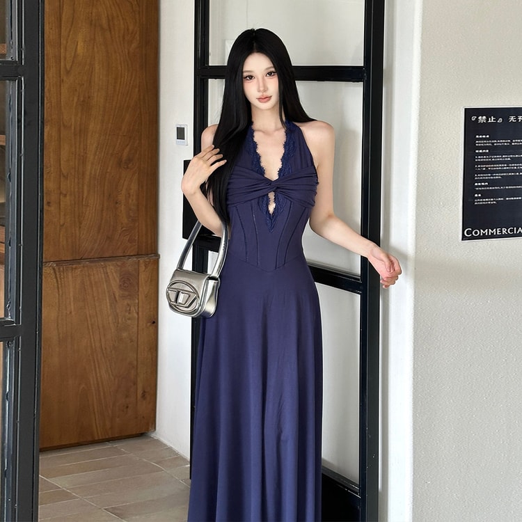 French Black Beach Vacation Dress Cooling Fabric V Neck Dress Unique Design Gown Long Halter Dress Navy Blue S