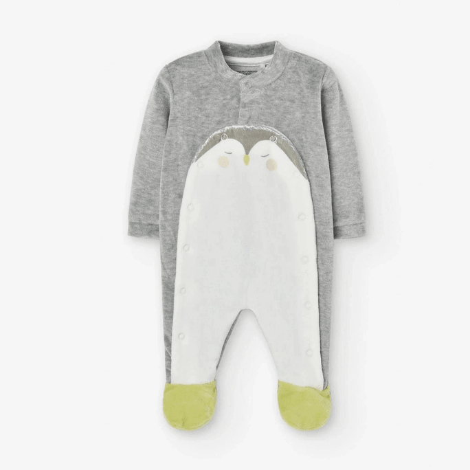 Losan Baby PENGUIN Velour Sleepsuit - Grey/White - Newborn Newborn (53-56cm)