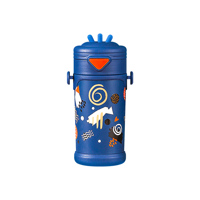 キッズ魔法瓶 断熱ステンレス水筒 ストロー付き ブルー 450ml