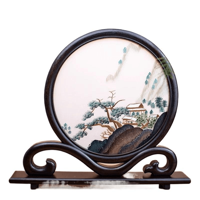 【中国直送】蘇州刺繍 手刺繍 両面 ウェンジ木台座 緑 26*29cm