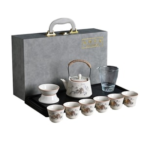 Ceramic teacup and tea set, teapot with handle, featuring a landscape and wood design in gray and silver tones, a complete set of Kung Fu tea utensils, suitable as a gift, gift box set.