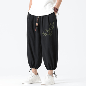 Chinese Style Bamboo Embroidered Loose Wide-leg Harem Pants for Men Black M