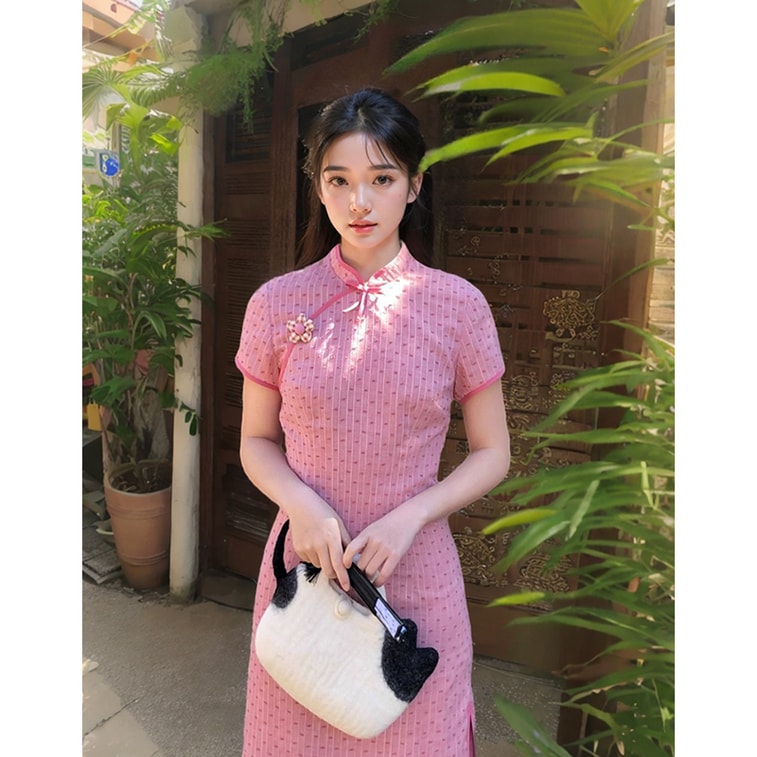 【中國直郵】 水月秦淮 甜美少女粉色新中式旗袍裙日常國風收腰顯瘦連身裙粉色L碼 5