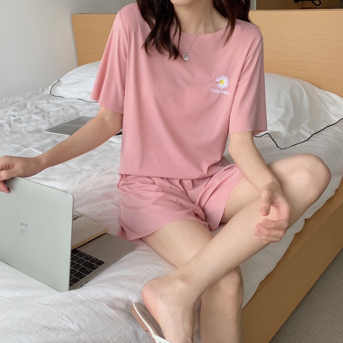 中国直邮 小雏菊套装 夏季薄款坑条冰丝短袖短裤套装 粉红色 均码(建议80-135斤)