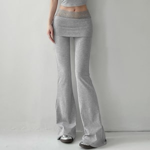 【中国直邮】HSPM 新款蕾丝拼接翻边瑜伽休闲裤 灰色 F