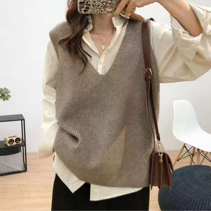 【中国直送】Shedi Xiong 新品 羊ベルベット 大きめニット ルーズ Vネック カジュアル ベスト カーキ フリーサイズ