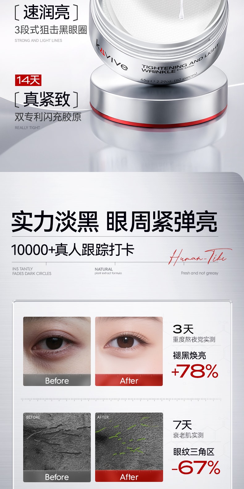 【中国直邮】 新加坡 Kuvive 眼膜贴 淡化黑眼圈去除眼袋紧致细纹抗衰眼贴男女官方正品 60片/盒