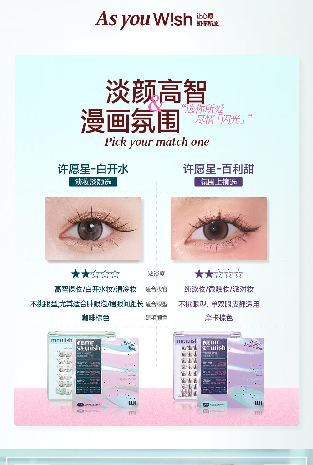 心愿先生 MR.WISH 许愿星系列免胶假睫毛#百利甜 摩卡棕C翘 上镜氛围睫 48簇