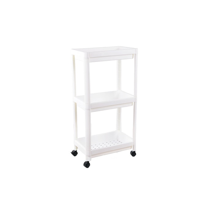 Plastic Storage And Bathroom Shelf-Floor Type Plastic Shelf With Wheels 3 Storage Shelves White