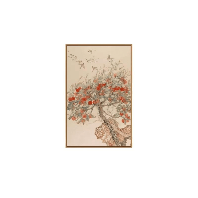 【中国直邮】 中国美院 美院 美院 美术学院《秋熟禽来图》中式客厅卧室装饰画古典艺术柿子挂画 77*50cm