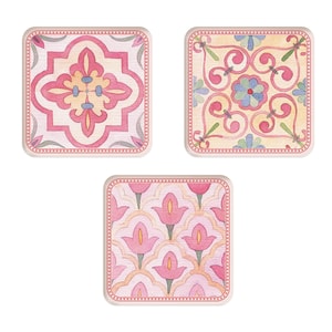 【中国直邮】 HSPM 小清新桌面吸水垫茶水杯速干垫硬硅藻泥杯垫 粉色花砖三款