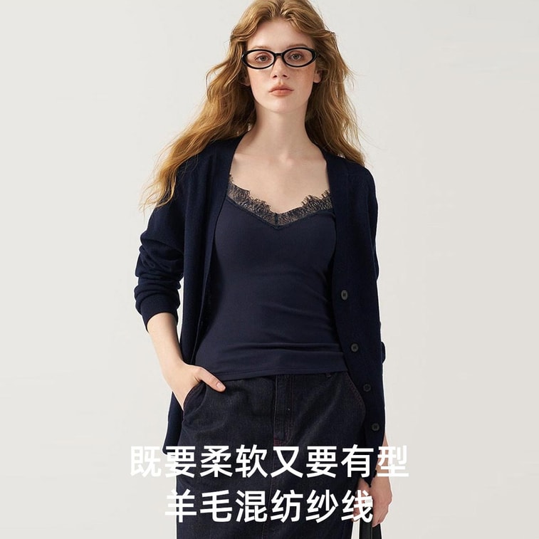 【中國直郵】 HSPM 蕾絲睫毛邊吊帶 帶胸墊背心 羊毛磨絨內搭打底 藏藍色M碼 6