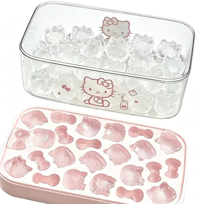 【中國直郵】 梓辰臻品 冰塊Hellokitty模具製冰儲冰盒三麗鷗食品級矽膠可愛按壓冰格模具四件套(蓋+模具+冰鏟+收納盒)