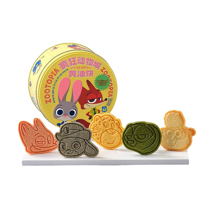 Zootopia Collaboration Series Butter Biscuit Tin Gift Box 3.53 oz 【Matcha+Coconut+Black Sesame+Cheese+Egg Yolk Flavor】