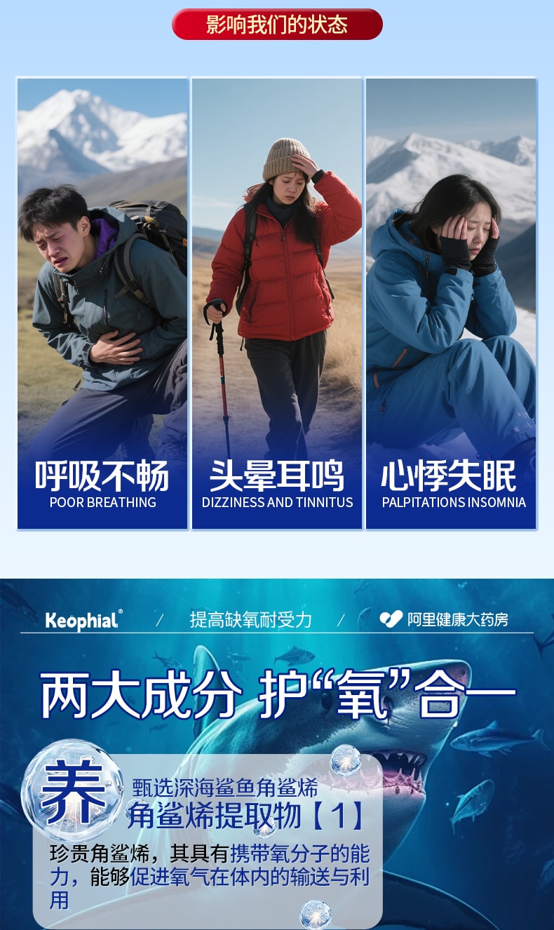 【中國直郵】 KEOPHIAL 角鯊烯紅景天軟膠囊 防高反缺氧提高缺氧耐受力 60粒/3盒裝