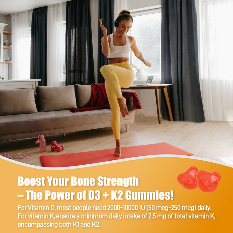 贝欧宝天然维生素 D3+K2 软糖 维生素 D3 和 维生素 K2支持骨骼健康免疫健康补充剂不含明胶不含转基因不含麸质草莓味60 粒 5