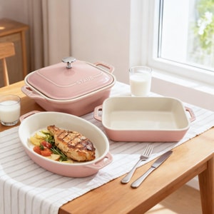 Ceramic Baking Dish Set, 4-pc, Macaron Mixed Baking Dish Set, light pink