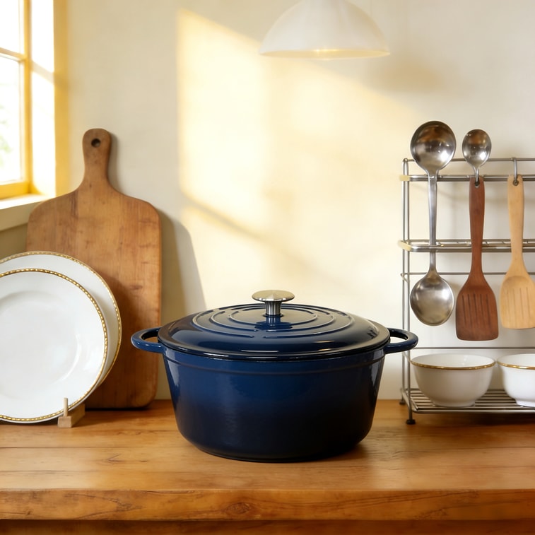 시나몬 주철 에나멜 냄비 26cm (5쿼트) 네이비 블루, 다용도 가정용 스튜 냄비/슬로우 쿠커. 천연 미세 압력 조리 방식으로 은은하게 끓여 풍미를 더합니다. 오븐 및 식기세척기 사용 가능. 4