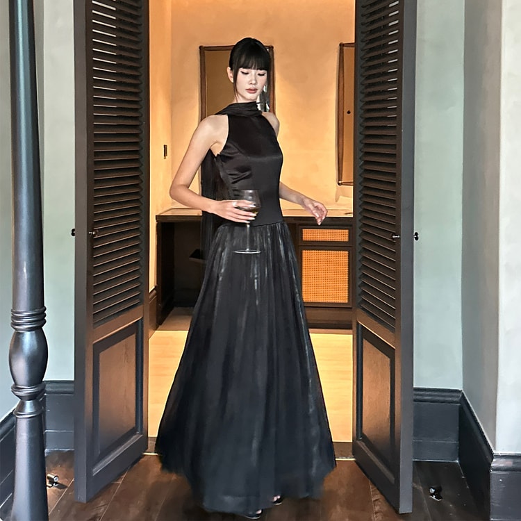 dinner birthday dress French Halter Engagement Cocktail Gown Elegant Maxi Dress Black Model Version M Recycled Spaghetti Strap Beach Chic Color:Noir