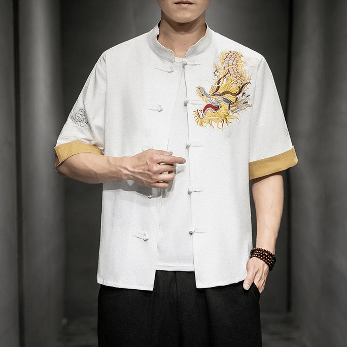 【中国直邮】 ASIS 风男士盘扣龙纹刺绣中袖拼色衬衫-白色 5XL