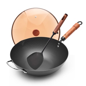 🔥超值套装 清仓价🔥【钻石纹理炒锅+锅铲套装】大隆冶坊 钻石炒锅32cm 蜂窝纹理 物理防粘 木制手柄带附耳 带玻璃盖 - 有附耳 燃气灶电磁炉通用 适合3-5人