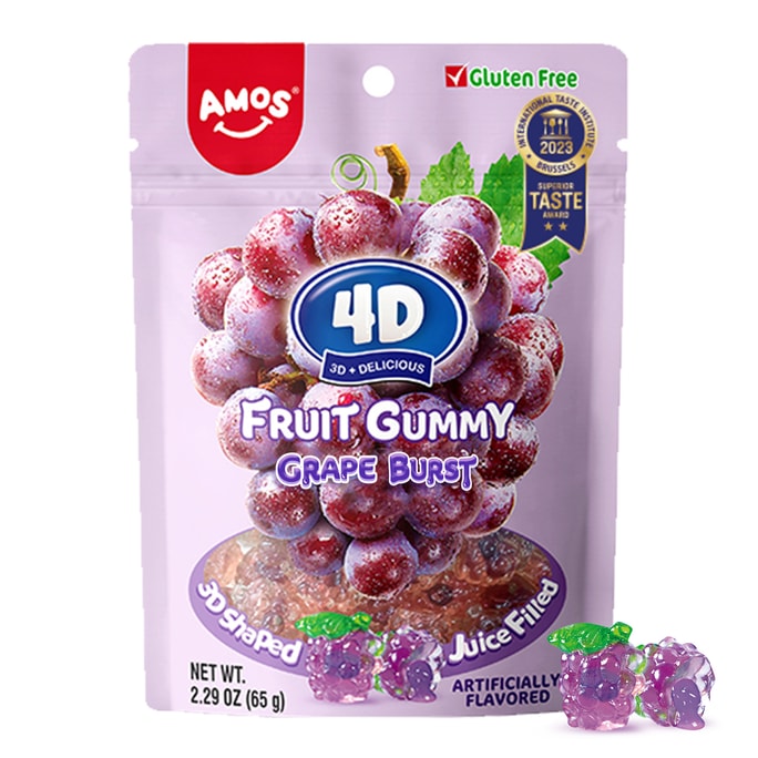 AMOS 4D Gummy Fruit Filled Candy Fruit Gummy Grape Burst Fruity Snacks Grape Jelly Filled Gummies  2.29Oz Per Bag