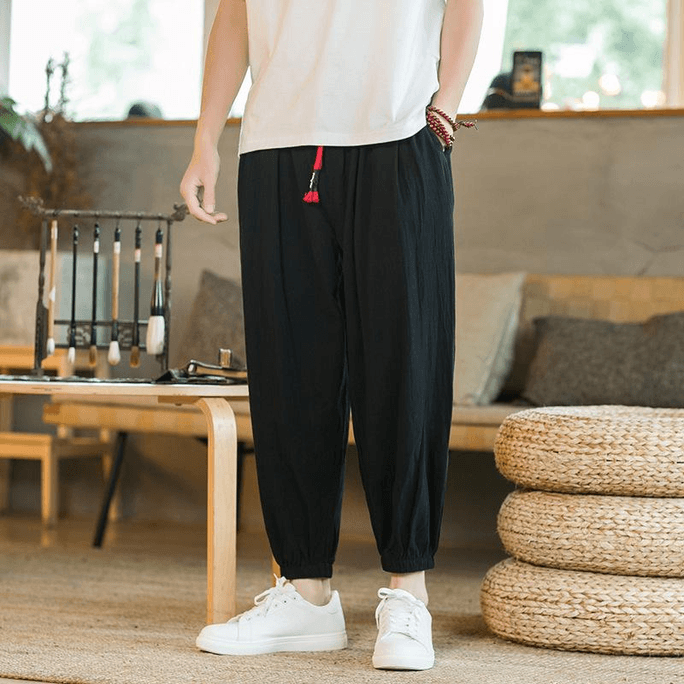 【中国からの直送】ASISスタイル コットン＆リネン ゆったり ハーレムパンツ 袖口付き ブラック M