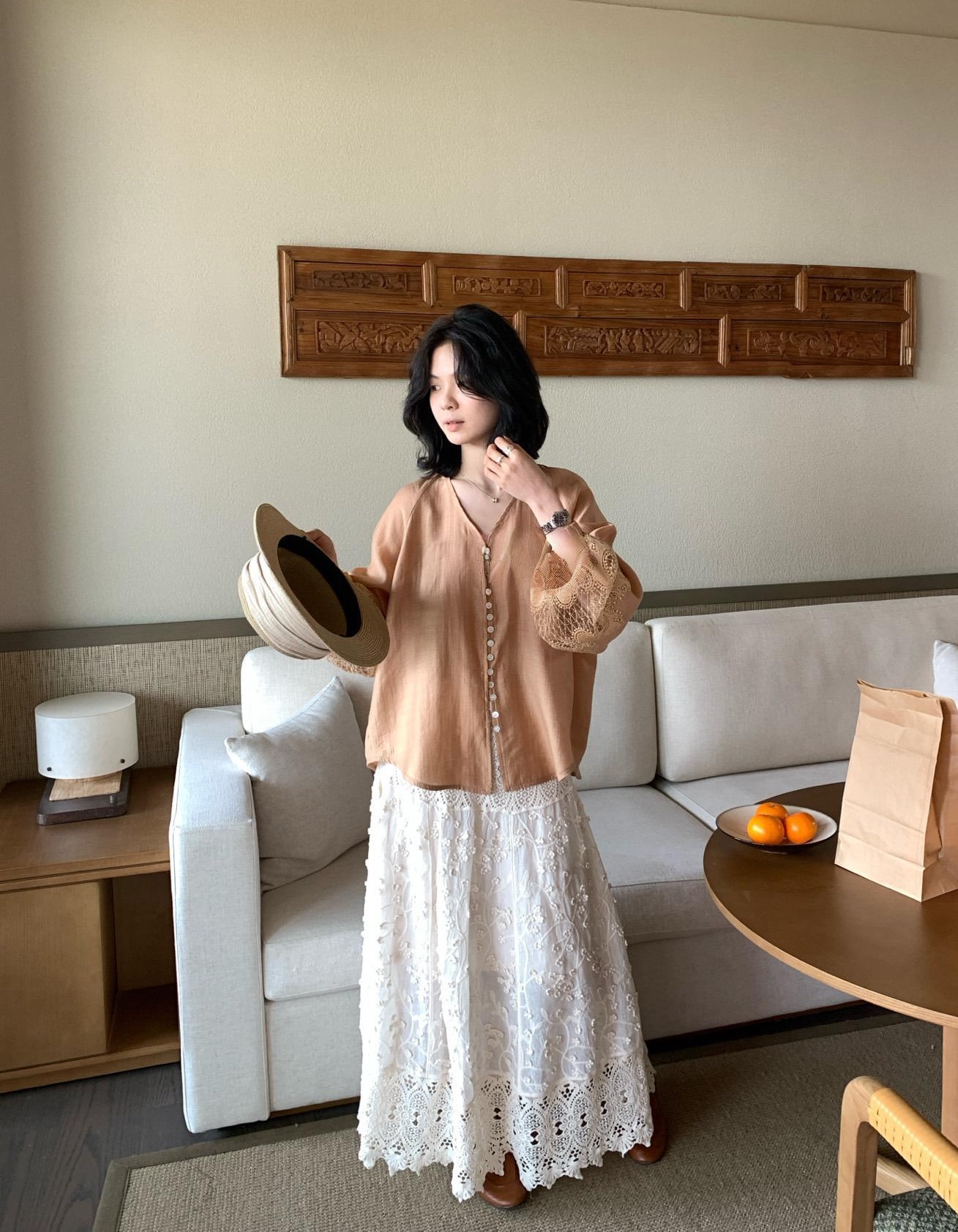 【加拿大直邮】 加拿大 SCENARIO 琥珀微光蕾丝袖上衣 均码 橙色