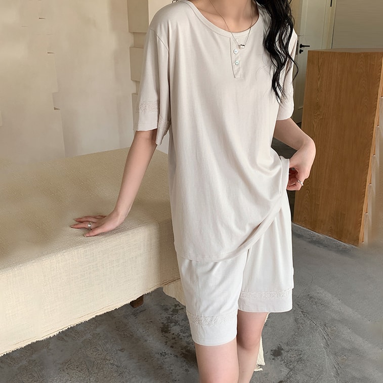 New mulberry silk short-sleeve pajamas high-end home clothes wearable outside cool thin two-piece set  Bean Gray L  1 set 3