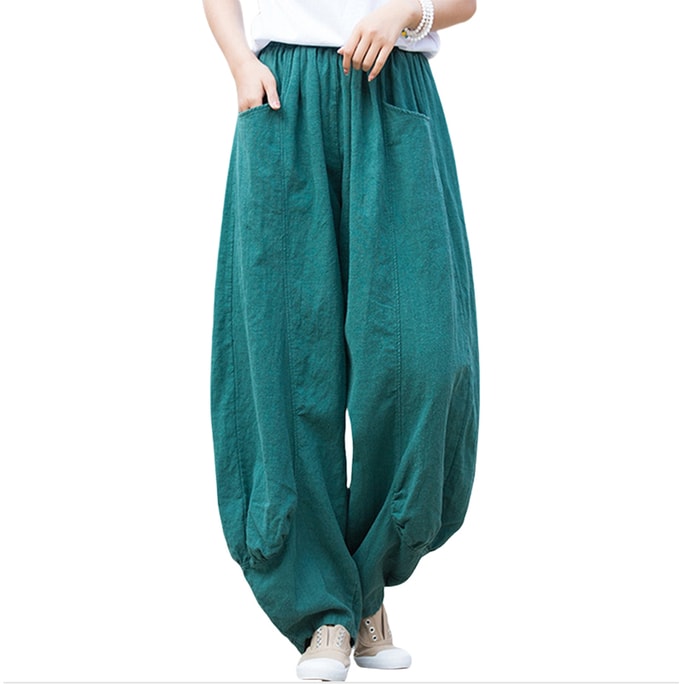 Chinese Style Ramie Retro Casual Wide Leg Pants For Women Green Medium