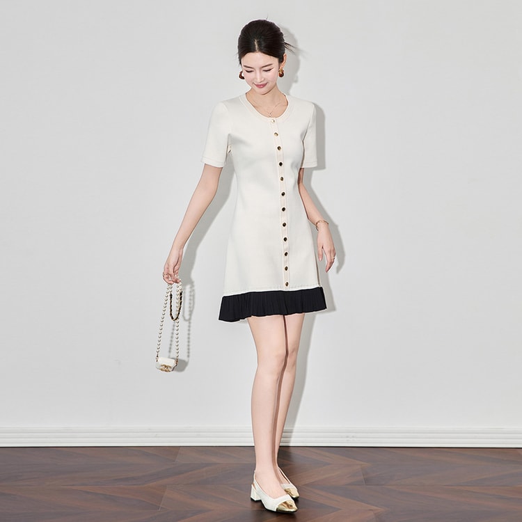 New Patchwork Pleated Short Sleeved Small Fragrant Knitted Dress In Apricot  Color S - Yami.com