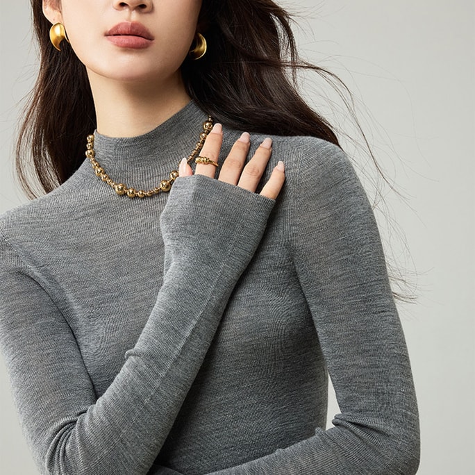 【中国直邮】 HSPM 简约时尚扬子纱半高领羊毛衫18针无缝打底衫 浅灰 L