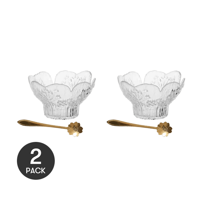 川島屋 花瓣透明玻璃碗 精緻銀耳羹燕窩碗 冰淇淋優格甜點碗 贈湯匙 210ml *2【2份超值裝】