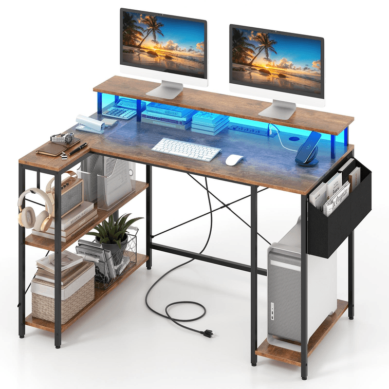 48 Inch L-Shaped GamIng Desk With LED Lights And Power Outlets-Rustic Brown 3