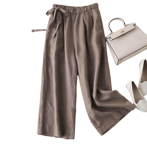 中国 ASIS コットン＆リネン ハイウエスト ルーズサイドタイ ワイドレッグパンツ - ダークカーキ M