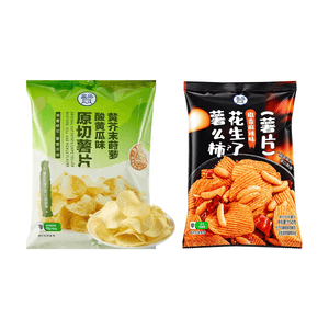 Original Cut Potato Chips Mustard Dill Pickle Flavor+Peanut & Rice Cracker Potato Chips Spicy Numbing Flavor, 10.58 oz【2 Flavors 2 Combo Packs】【Crispy and Savory】