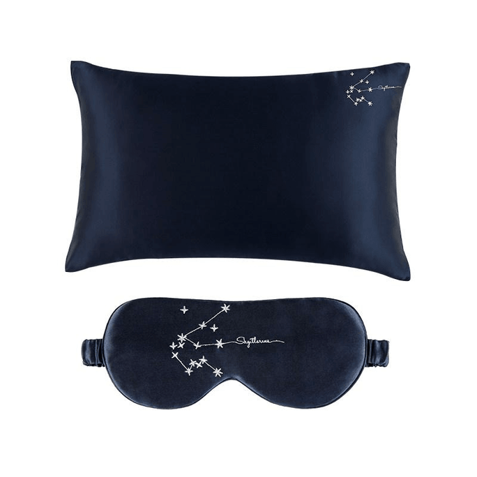 Zhenju Manito Stellar (Sagittarius - Deep Sea Blue) Zodiac Mulberry Silk Embroidered Eye Mask Pillowcase, 1 piece