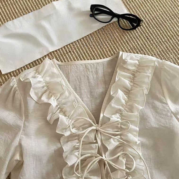 【加拿大直邮】 加拿大 SCENARIO 奶油白荷叶边系带上衣 米白色 S-M码 米白色 M 3