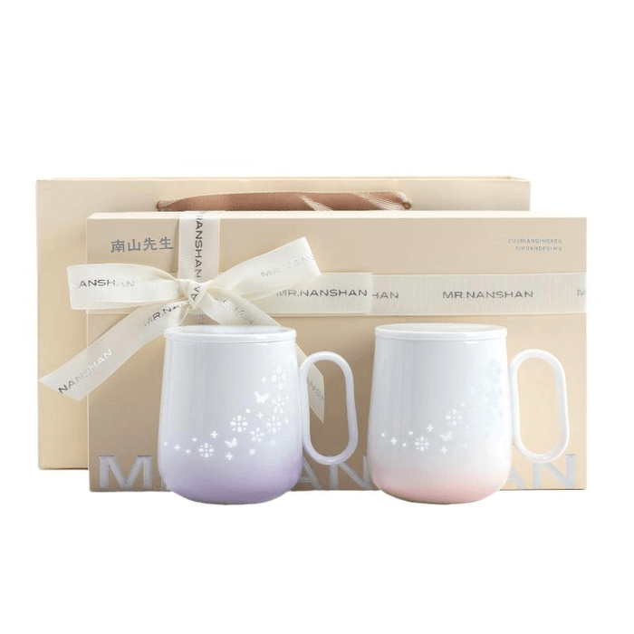 【中国直邮】  南山先生 芳菲水杯创意玲珑瓷马克杯带盖情侣对杯 粉+紫 单杯410毫升